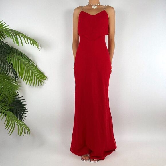 Vintage 90s Niki Livas Red Spaghetti Strap Prom Evening Gown Maxi Dress / Size 4 - Picture 1 of 8